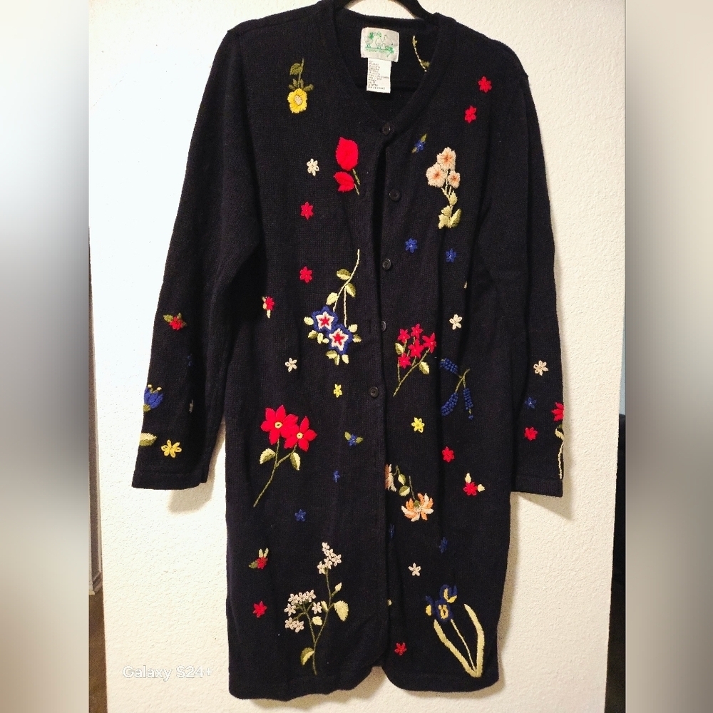 Quacker Factory Black Cardigan with Colorful Floral Embroidery